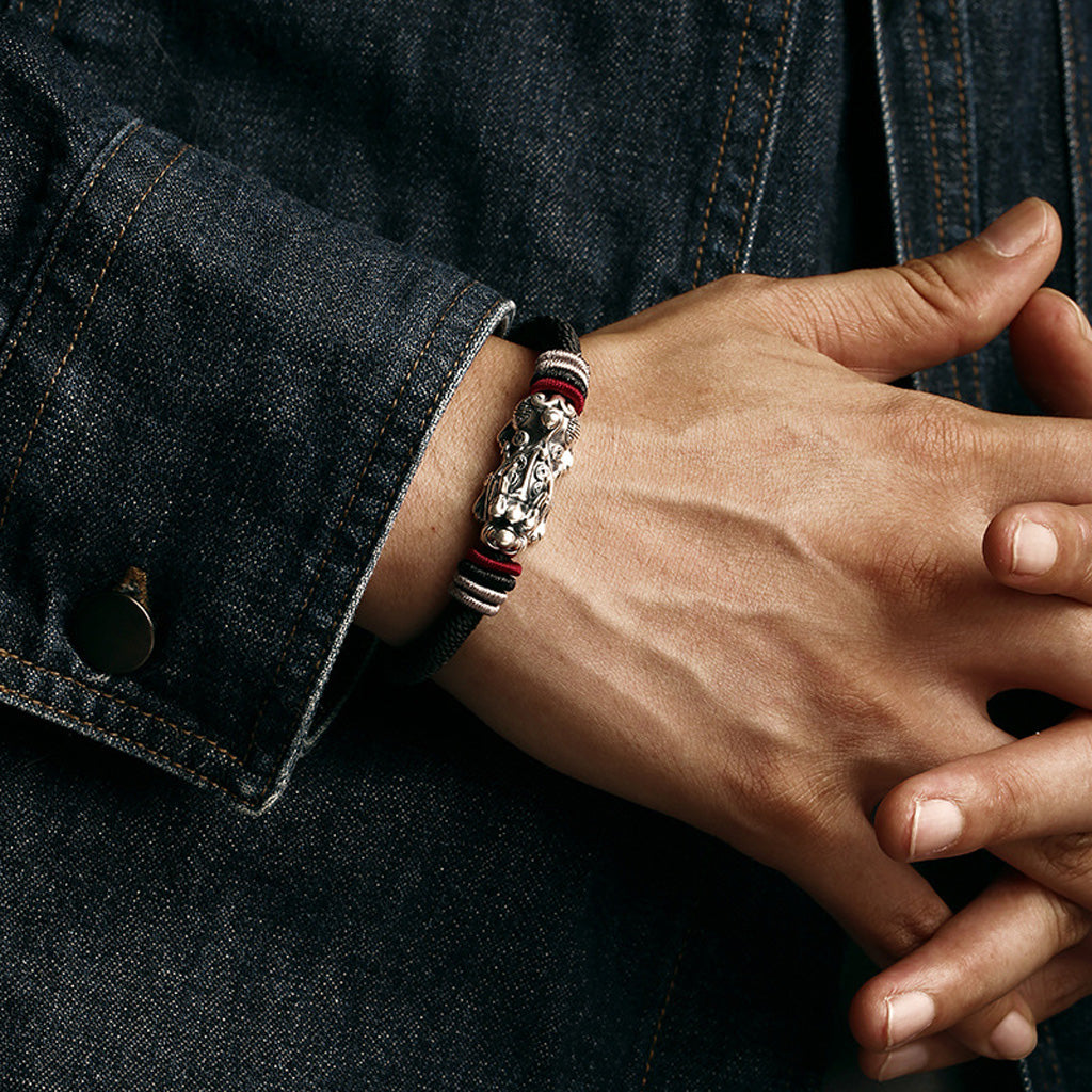 999 Silver Pixiu on Dragon Knot Handwoven Bracelet — Meaning of Courage & Wealth | Zen Ara Grove