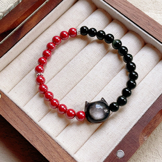Black Obsidian Cinnabar Silver Sheen Obsidian Cat Fulfilment Bracelet | Zen Ara Grove