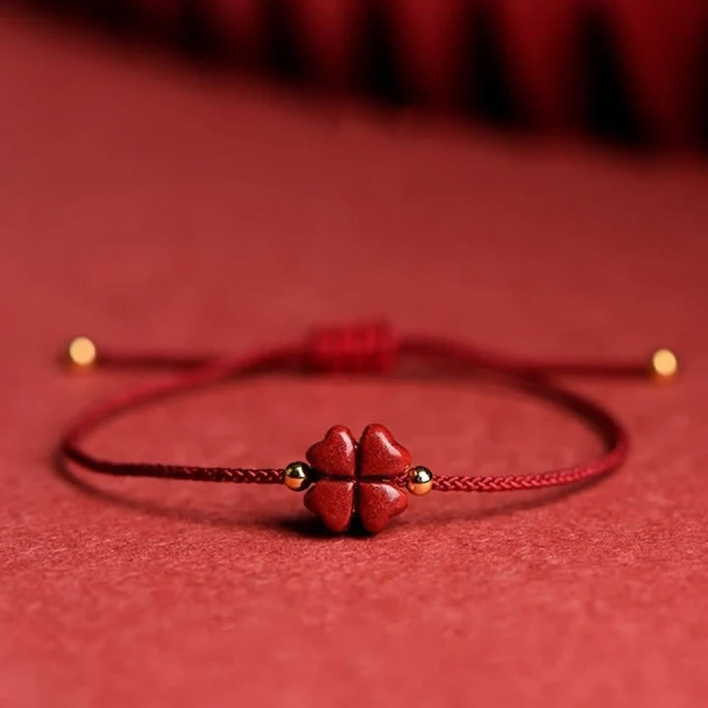 Adjustable Cinnabar Clover Charm – Handmade Red Cord for Wrist or Ankle | Zen Ara Grove