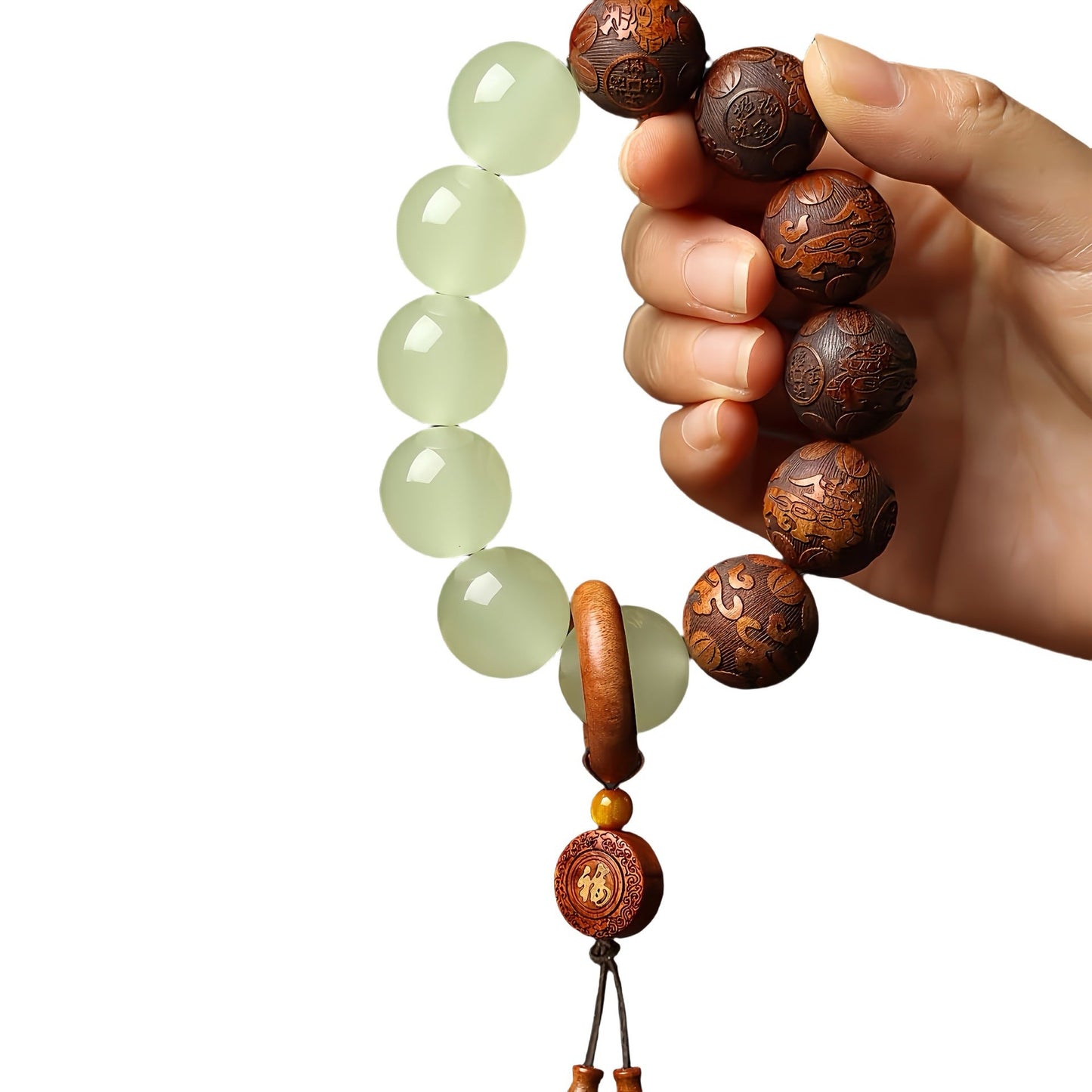 Sandalwood and Jade Beaded Bracelet with 'Fu' Charm | Zen Ara Grove