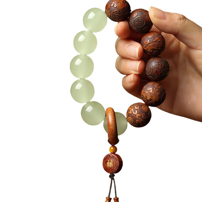 Sandalwood and Jade Beaded Bracelet with 'Fu' Charm | Zen Ara Grove