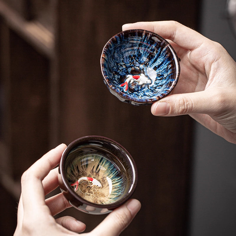 Kiln-Change Glaze Porcelain Teacup – Lucky Fish "Year of Plenty" Design | Zen Ara Grove