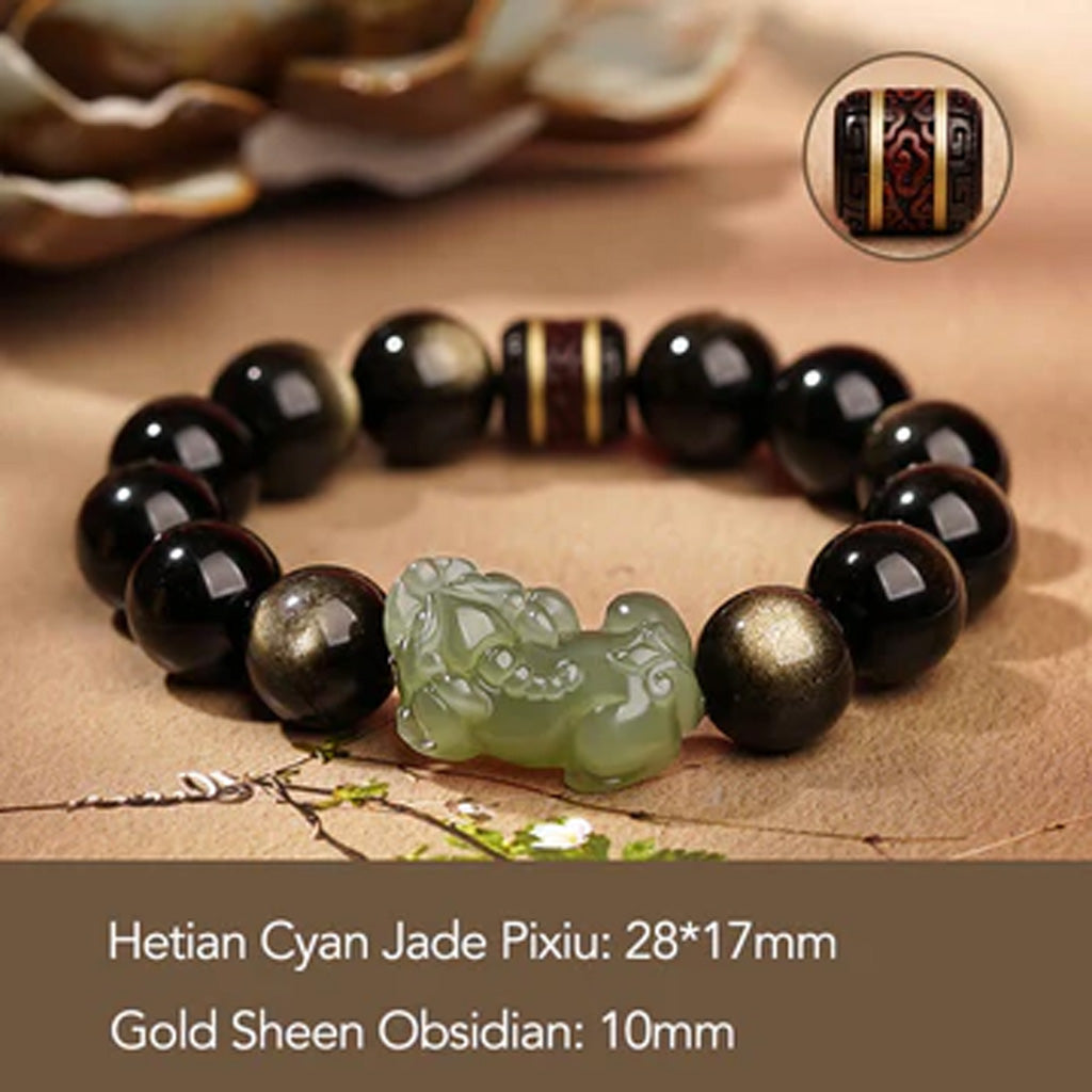 Golden Obsidian & Hetian Jade Pixiu Bracelet – Fortune & Protection | Zen Ara Grove