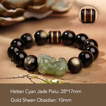Golden Obsidian & Hetian Jade Pixiu Bracelet – Fortune & Protection | Zen Ara Grove