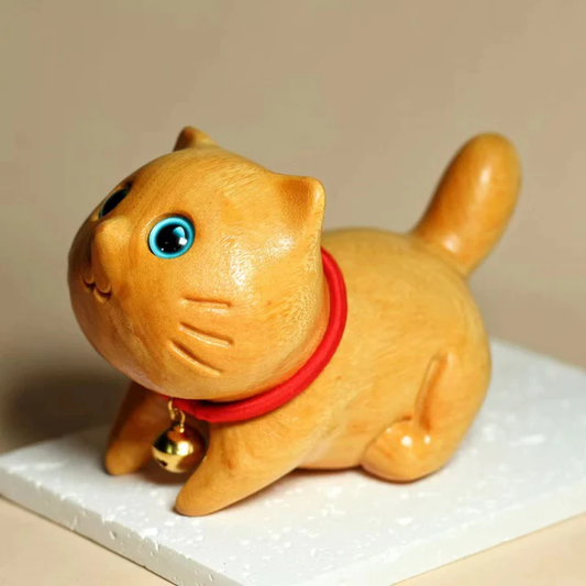 Mini Sandalwood Carved Lucky Confident Cat Healing Decoration | Zen Ara Grove