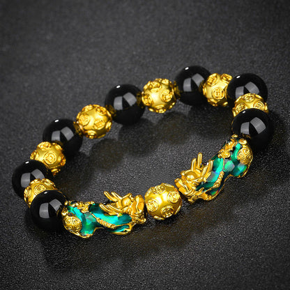 Thermo‑Color Changing Pixiu Obsidian Mantra Bracelet – Symbol of Protection and Fortune | Zen Ara Grove