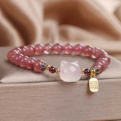 Strawberry Quartz Cat Head Bracelet – Luck & Charm | Zen Ara Grove