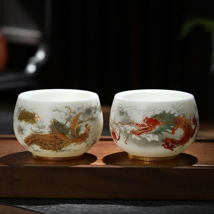 Milky White Porcelain Mug with Dragon and Phoenix Motif – Elegant & Durable | Zen Ara Grove