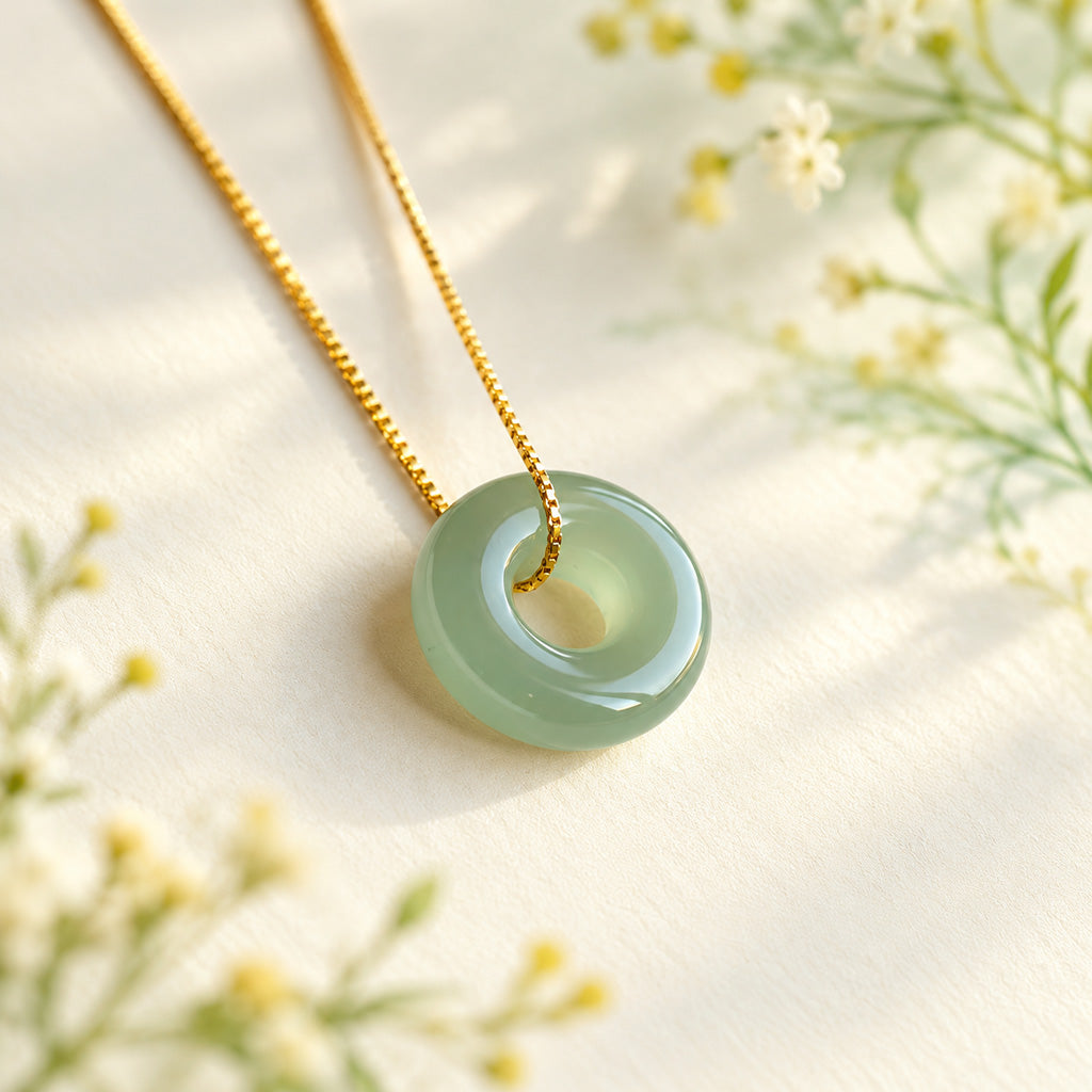 Double Jade Peace Buckle Necklace with Gold-Tone or Silver-Tone Chain