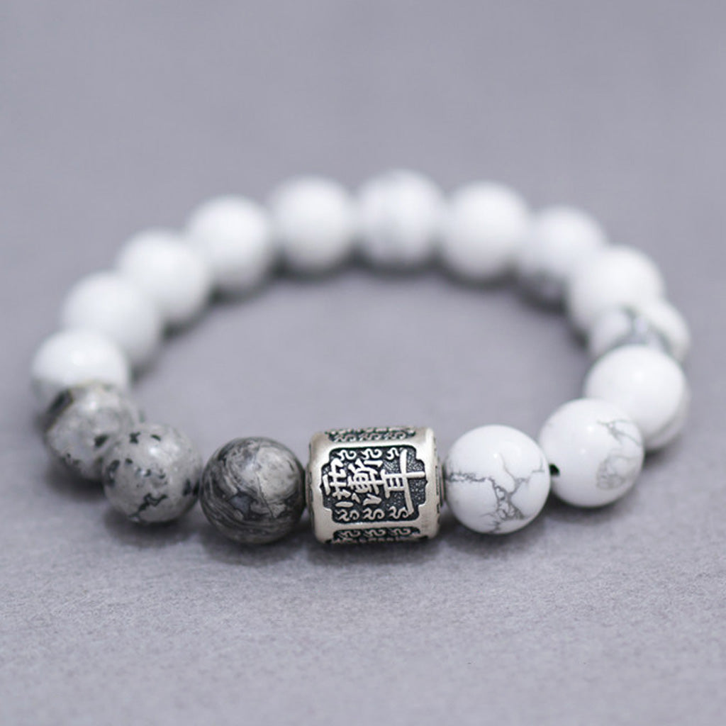 White Turquoise & Map Stone Bracelet with Taoist "Rain Gradual Ear"Beads – Symbol of Protection, Purification & Inner Harmony | Zen Ara Grove