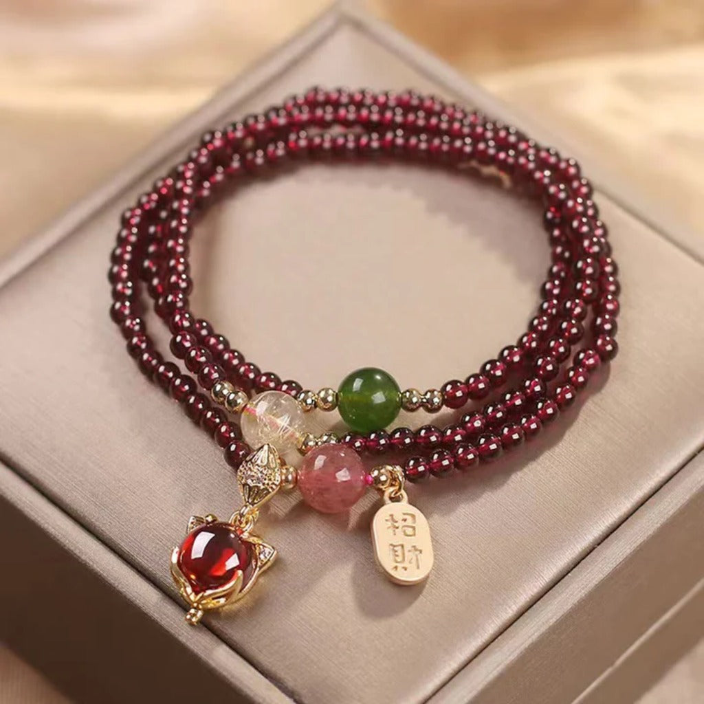 Elegant Garnet & Strawberry Quartz Fox Bracelet – Multi‑Loop Design | Zen Ara Grove