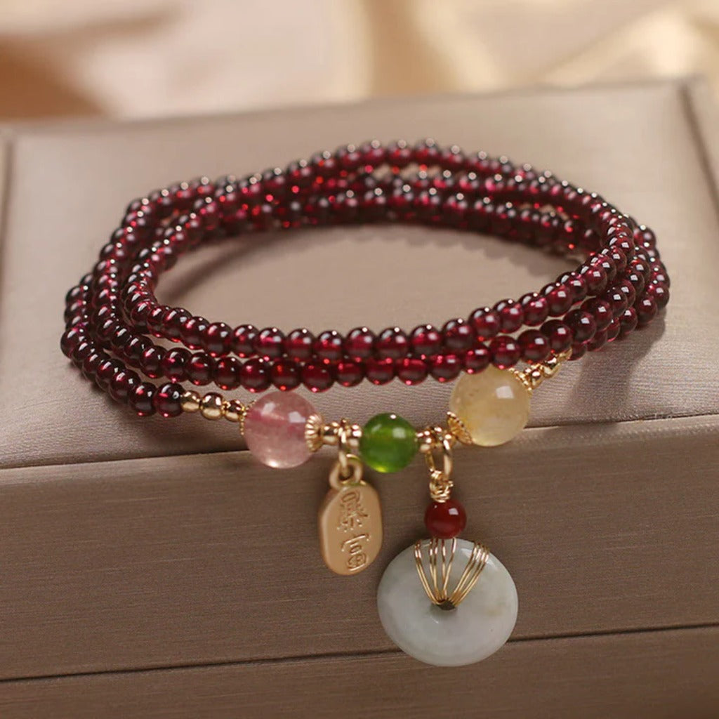 Elegant Garnet & Strawberry Quartz Fox Bracelet – Multi‑Loop Design | Zen Ara Grove