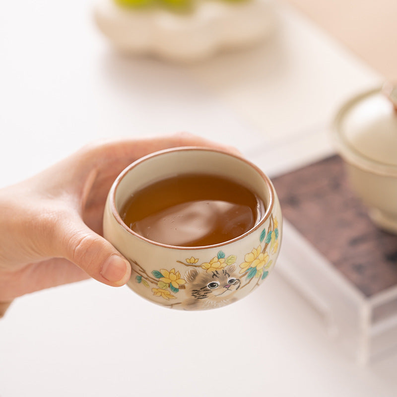 Cute Cat Yellow Flowers Rabbit Teacup Kung Fu Tea Cup  | Zen Ara Grove