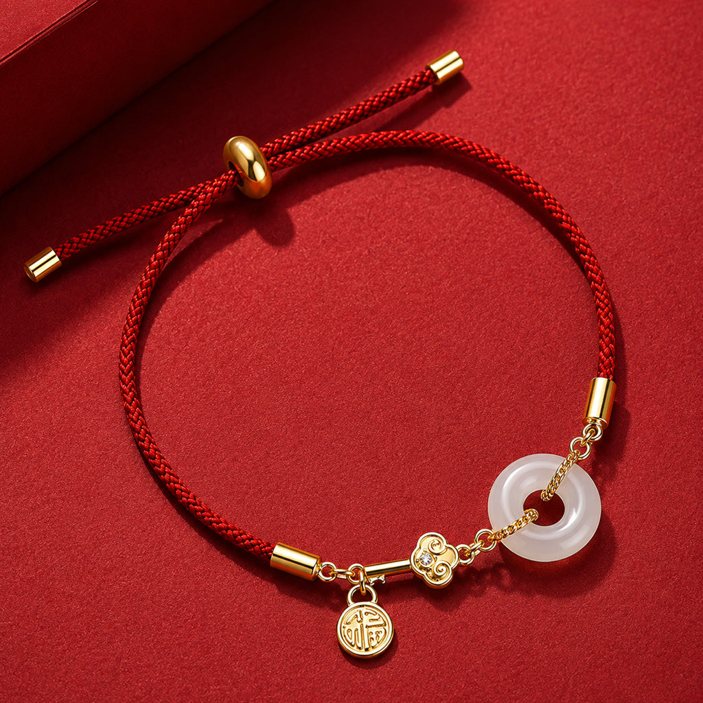 Adjustable Red Cord Bracelet with Hetian Jade Peace Buckle and Key Charm — Blessing & New Beginnings