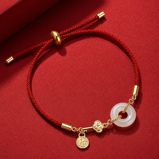 Adjustable Red Cord Bracelet with Hetian Jade Peace Buckle and Key Charm — Blessing & New Beginnings