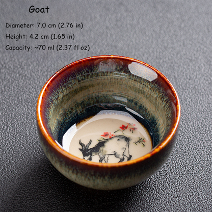 Handcrafted Kiln‑Change Ceramic Teacup with Zodiac Animal Motifs for Good Fortune | Zen Ara Grove