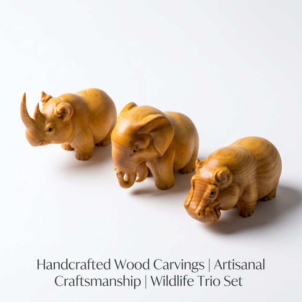 Aromatic Cypress Wildlife Carving Collection – Rhino, Elephant, Hippo Desk Decor | Zen Ara Grove