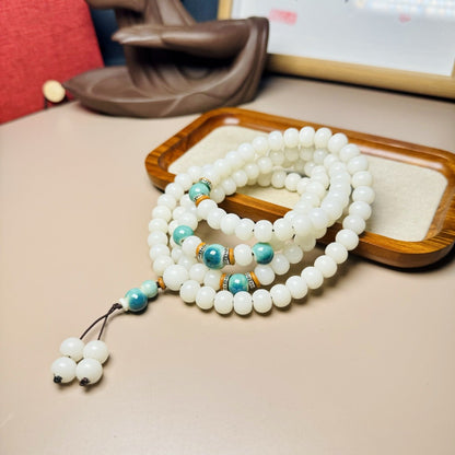 White Jade Bodhi Root 108 Bead Lotus Prayer Bracelet | Zen Ara Grove