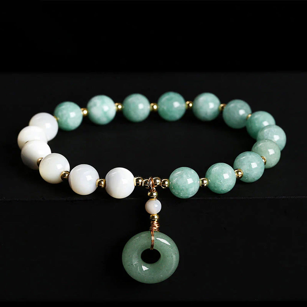 Jade and Natural Trochus Shell Stretch Bracelet with Peace Buckle Charm — Peace & Balance