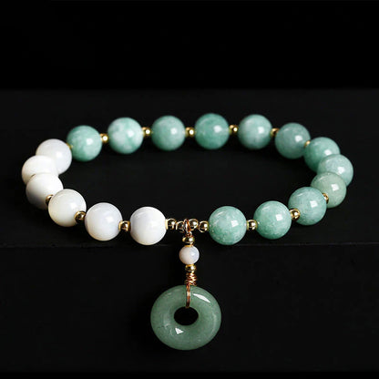 Jade and Natural Trochus Shell Stretch Bracelet with Peace Buckle Charm — Peace & Balance