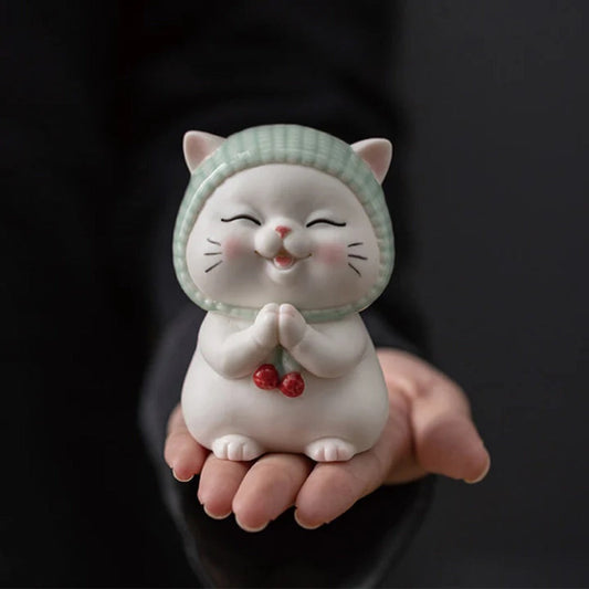 Lucky Cute Cat In Scarf Ceramic Figurine Decoration  | Zen Ara Grove