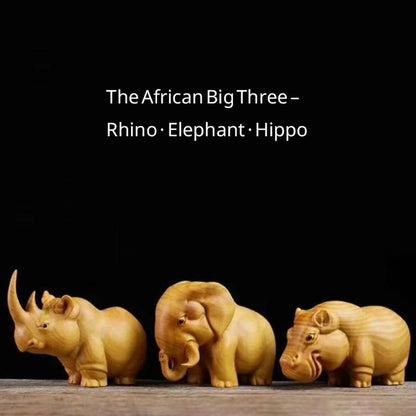 Aromatic Cypress Wildlife Carving Collection – Rhino, Elephant, Hippo Desk Decor | Zen Ara Grove