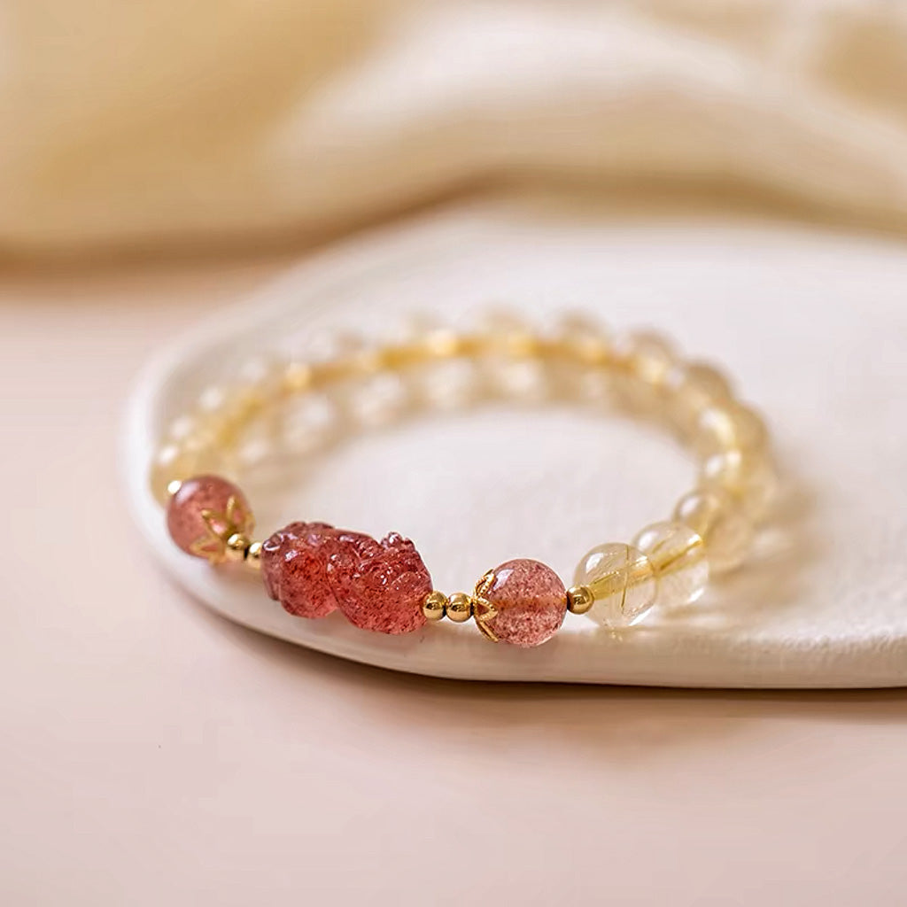 Hand‑Carved Strawberry Quartz Pixiu with Citrine Beads — Meaning of Wealth & Positive Flow | Zen Ara Grove
