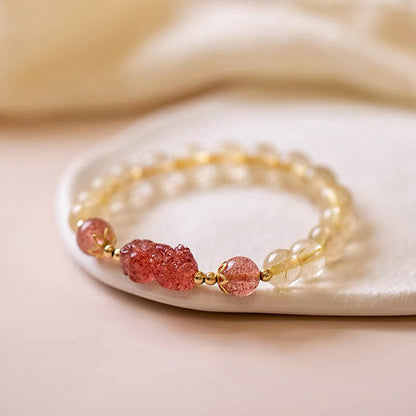 Hand‑Carved Strawberry Quartz Pixiu with Citrine Beads — Meaning of Wealth & Positive Flow | Zen Ara Grove