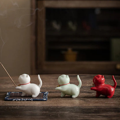 Mini Lucky Cat Kitten Tea Pet Ceramic Home Desk Figurine Decoration With Bamboo Mat| Zen Ara Grove