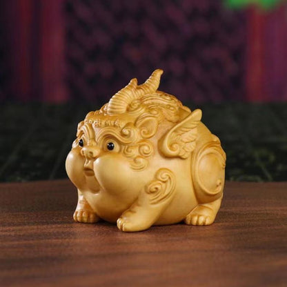 Cute Pixiu Boxwood Sculpture – Prosperity and Abundance Decorative Piece | Zen Ara Grove