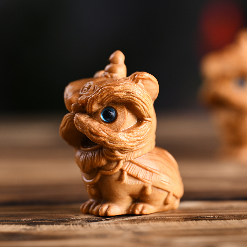Hand-Carved Aromatic Cypress Lion Dance Figurine – Cute Wooden Home & Desk Decor | Zen Ara Grove