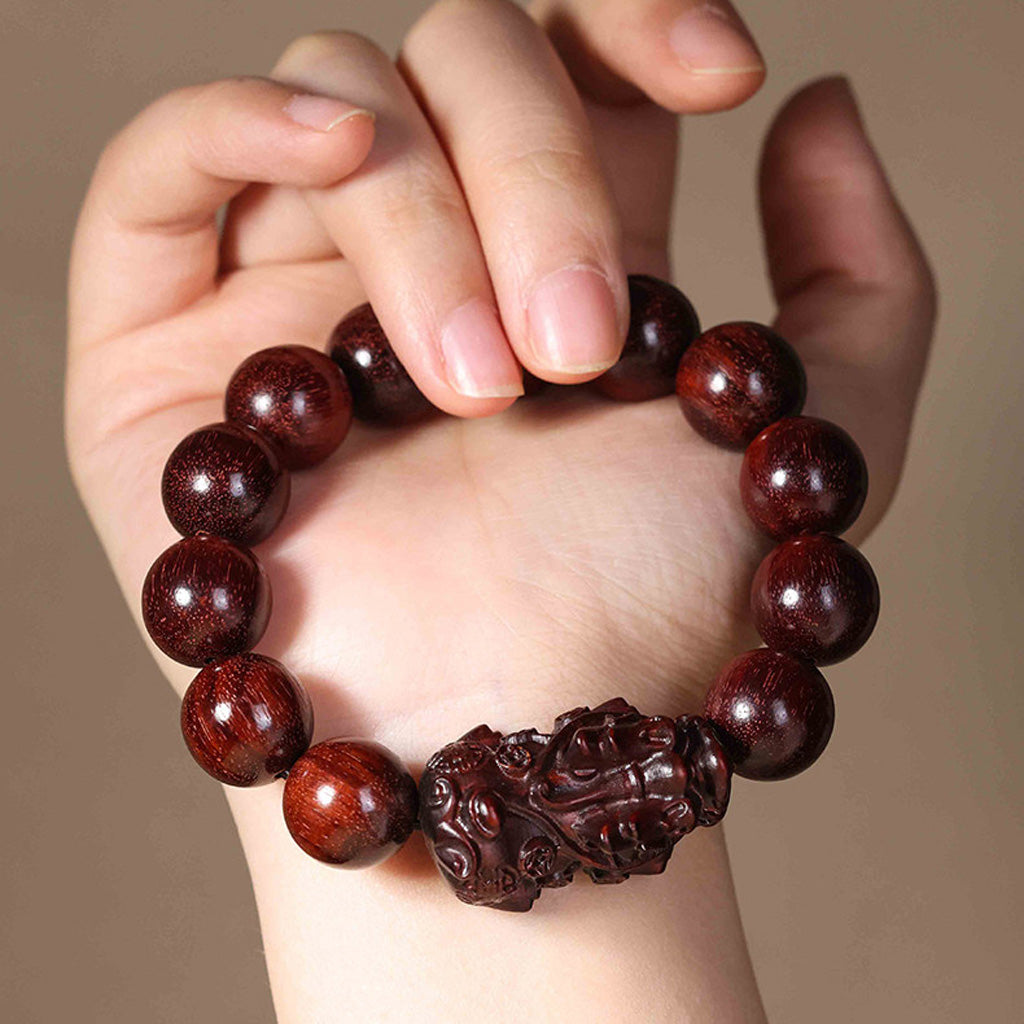 Handcrafted Red Sandalwood Pixiu Beaded Bracelet – Prosperity & Longevity | Zen Ara Grove