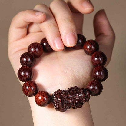 Handcrafted Red Sandalwood Pixiu Beaded Bracelet – Prosperity & Longevity | Zen Ara Grove