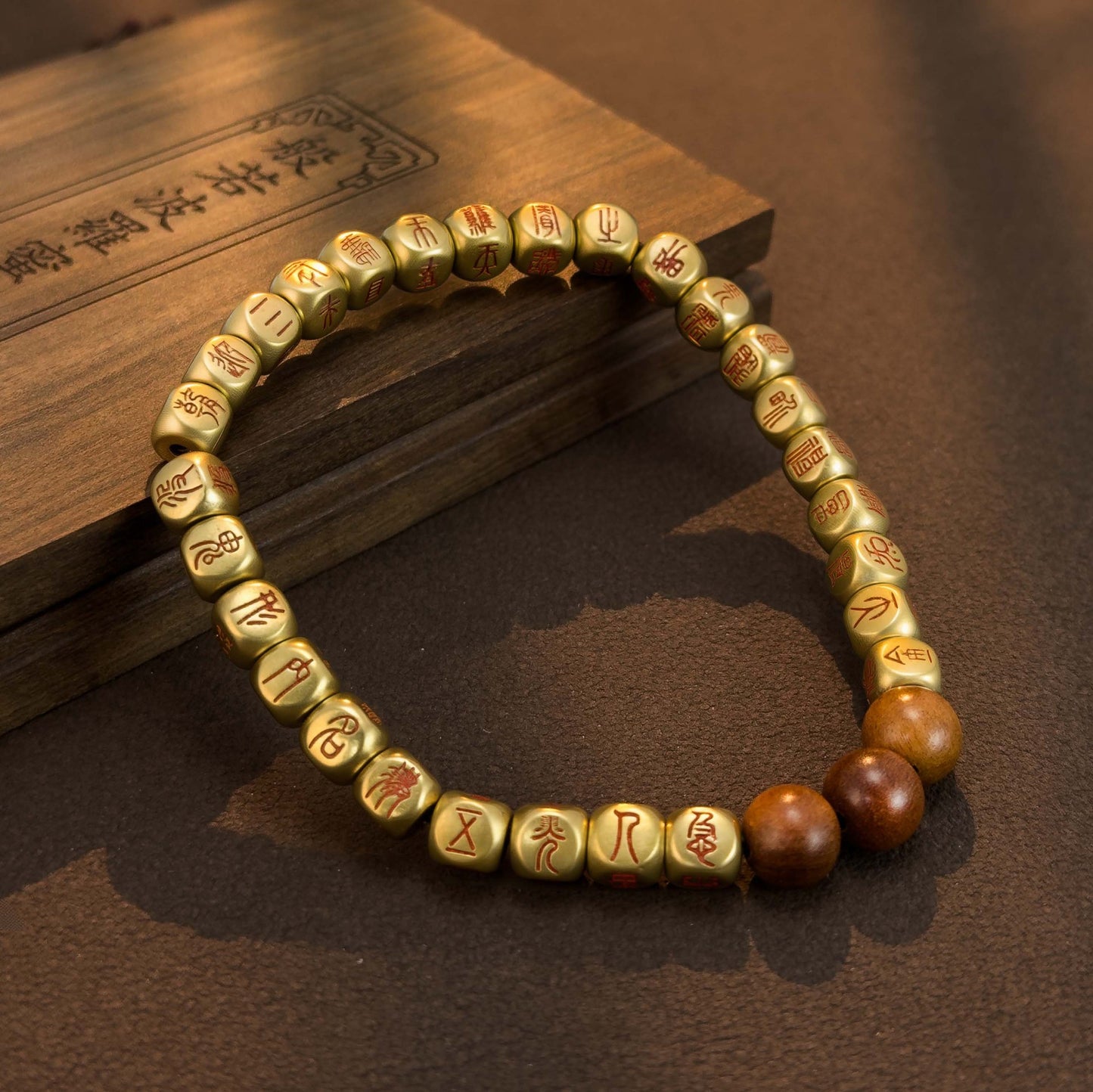Golden Light Mantra Bracelet – Daoist Red Cinnabar Script Beads | Zen Ara Grove