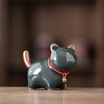 Mini Lucky Cute Standing Cat Red Rope Bell Ceramic Figurine Decoration | Zen Ara Grove