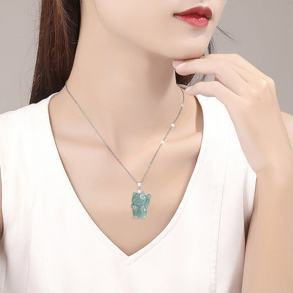 925 Sterling Silver Natural Jade Lucky Cat Abundance Necklace Pendant  | Zen Ara Grove