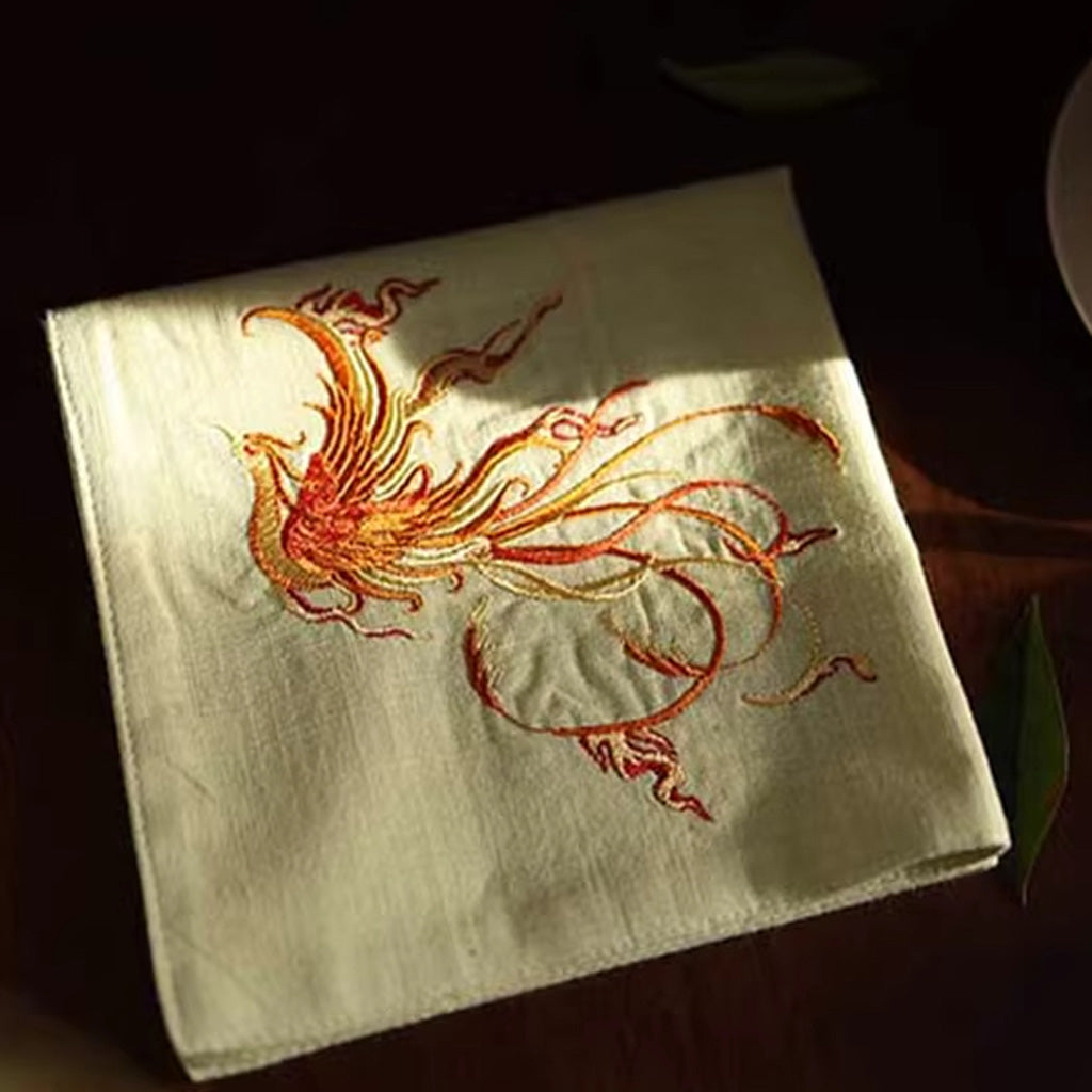 Double‑Layer Cotton Handkerchief – Hand‑Embroidered Phoenix Symbolizing Grace and Renewal | Zen Ara Grove