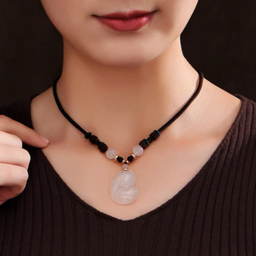 Adjustable Jade Cord Necklace – Carved Fox Pendant with Rose Quartz | Zen Ara Grove