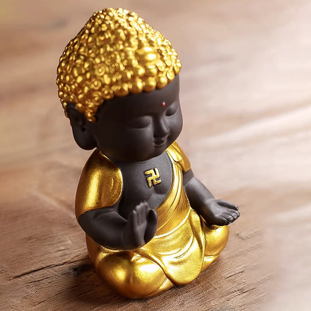 Mini Zen Buddha Statue – Handcrafted Purple Clay Ceramic with Golden Touch of Serenity | Zen Ara Grove