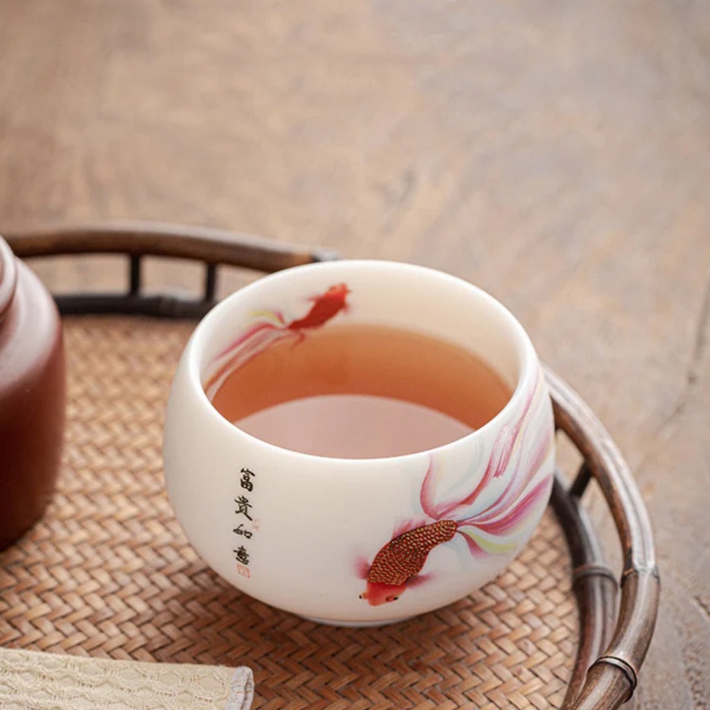 Milky White Ceramic Mug with Koi Motif – Elegant Glaze for Hot and Cold Drinks | Zen Ara Grove