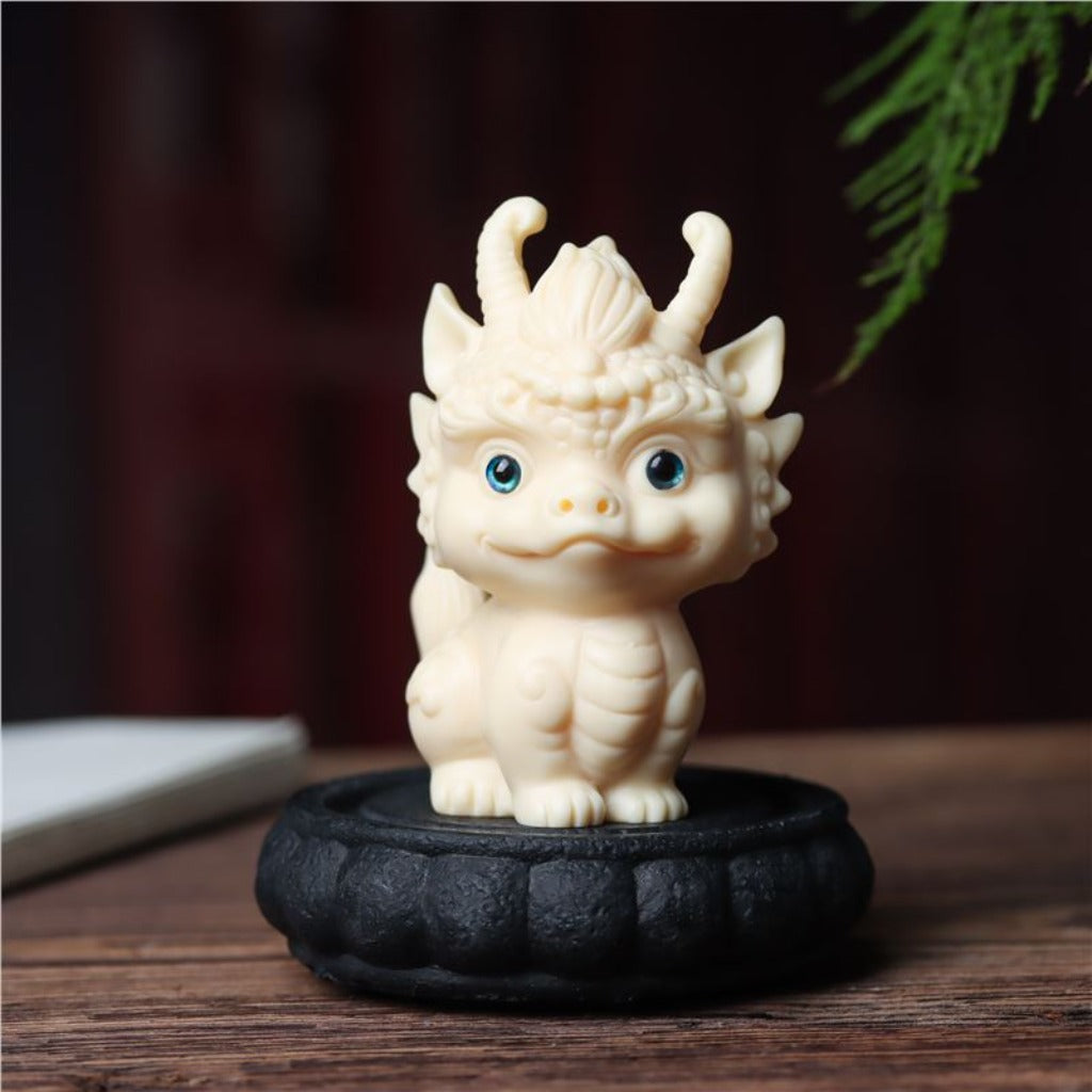 Hand-Carved Tagua Three Auspicious Beasts – Dragon, Qilin & Pixiu Figurine Set | Zen Ara Grove