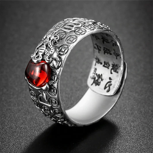 Pixiu Heart Sutra Ring with Symbol of Protection and Prosperity Ruby Inlay Adjustable Wide Band | Zen Ara Grove