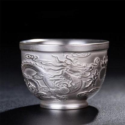 999 Silver Hammered Teacup – Dragon & Phoenix Design – Handcrafted Symbol of Strength and Harmony | Zen Ara Grove