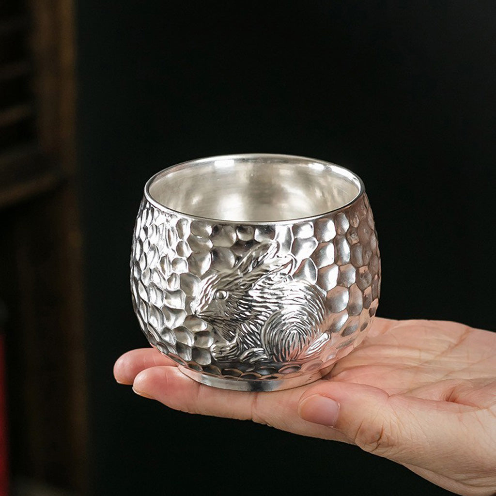 999 Silver Hammered Teacup – Dragon & Phoenix Design – Handcrafted Symbol of Strength and Harmony | Zen Ara Grove
