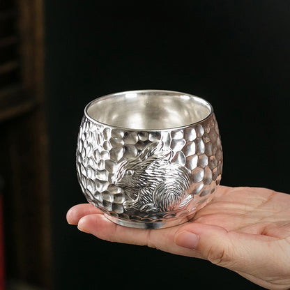 999 Silver Hammered Teacup – Dragon & Phoenix Design – Handcrafted Symbol of Strength and Harmony | Zen Ara Grove