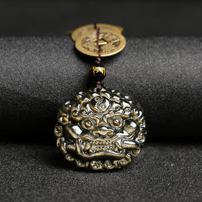 Guardian Beast & Fortune Coins – Gold Obsidian Pendant | Zen Ara Grove