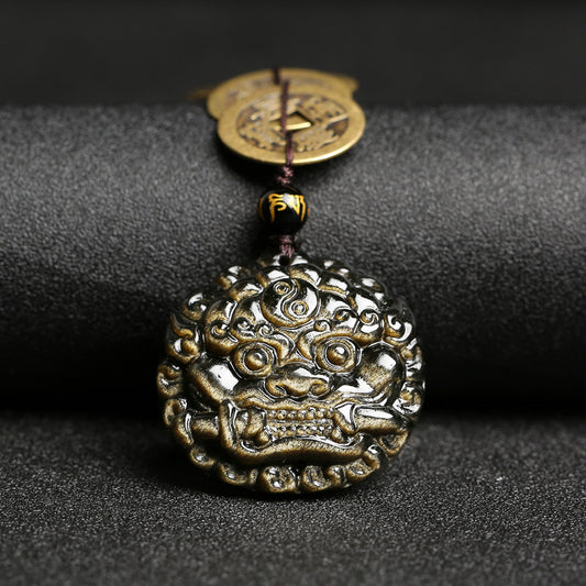 Guardian Beast & Fortune Coins – Gold Obsidian Pendant | Zen Ara Grove