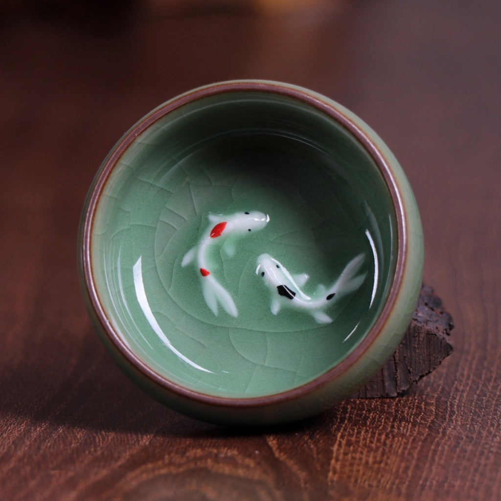 Twin Koi Celadon Crackle Teacup