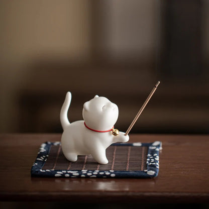 Mini Lucky Cat Kitten Tea Pet Ceramic Home Desk Figurine Decoration With Bamboo Mat| Zen Ara Grove