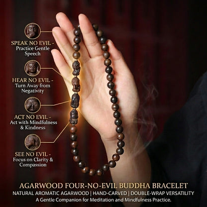 Hand‑Carved Four‑No‑Evil Buddha & Agarwood Bead Double‑Circle Bracelet – Symbol of Peace and Balance | Zen Ara Grove